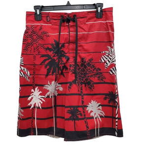 Tony Hawk‎ Men's Red White Black Tropical Palm Tree Print 11" Swim Trunks Size S